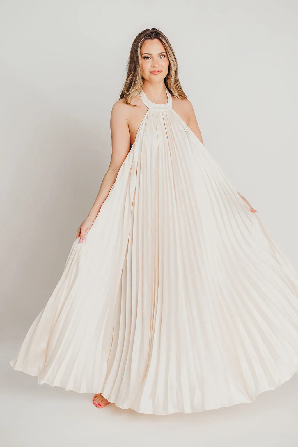 Maren Pleated Halter Maxi Dress in Cream - Bump Friendly