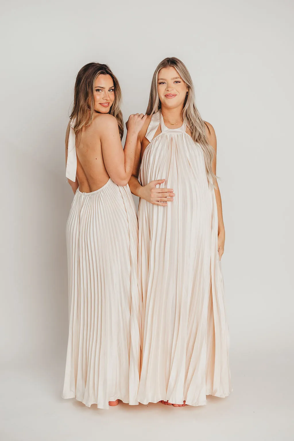 Maren Pleated Halter Maxi Dress in Cream - Bump Friendly