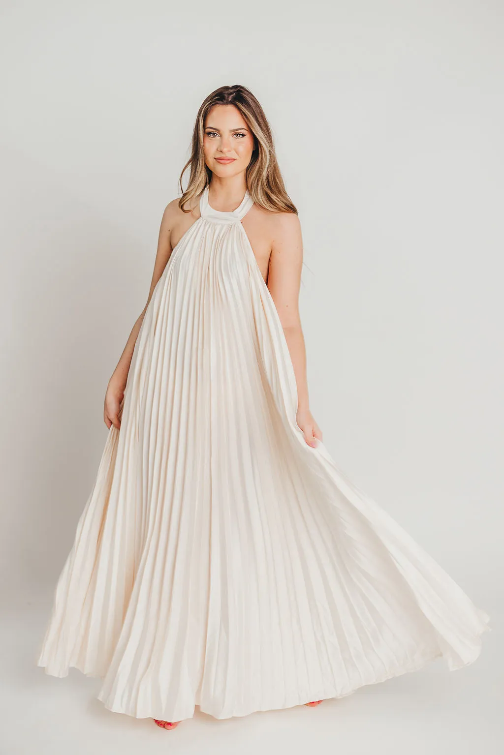 Maren Pleated Halter Maxi Dress in Cream - Bump Friendly