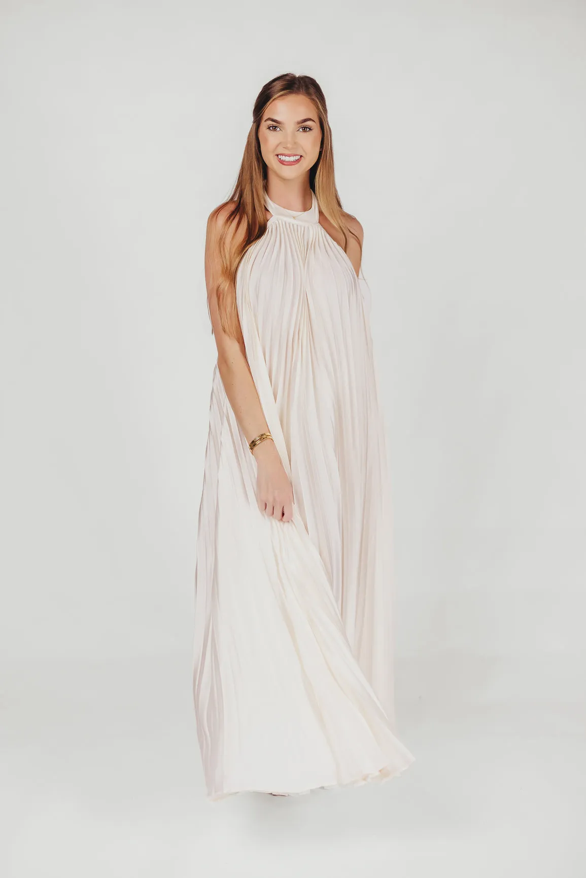 Maren Pleated Halter Maxi Dress in Cream - Bump Friendly