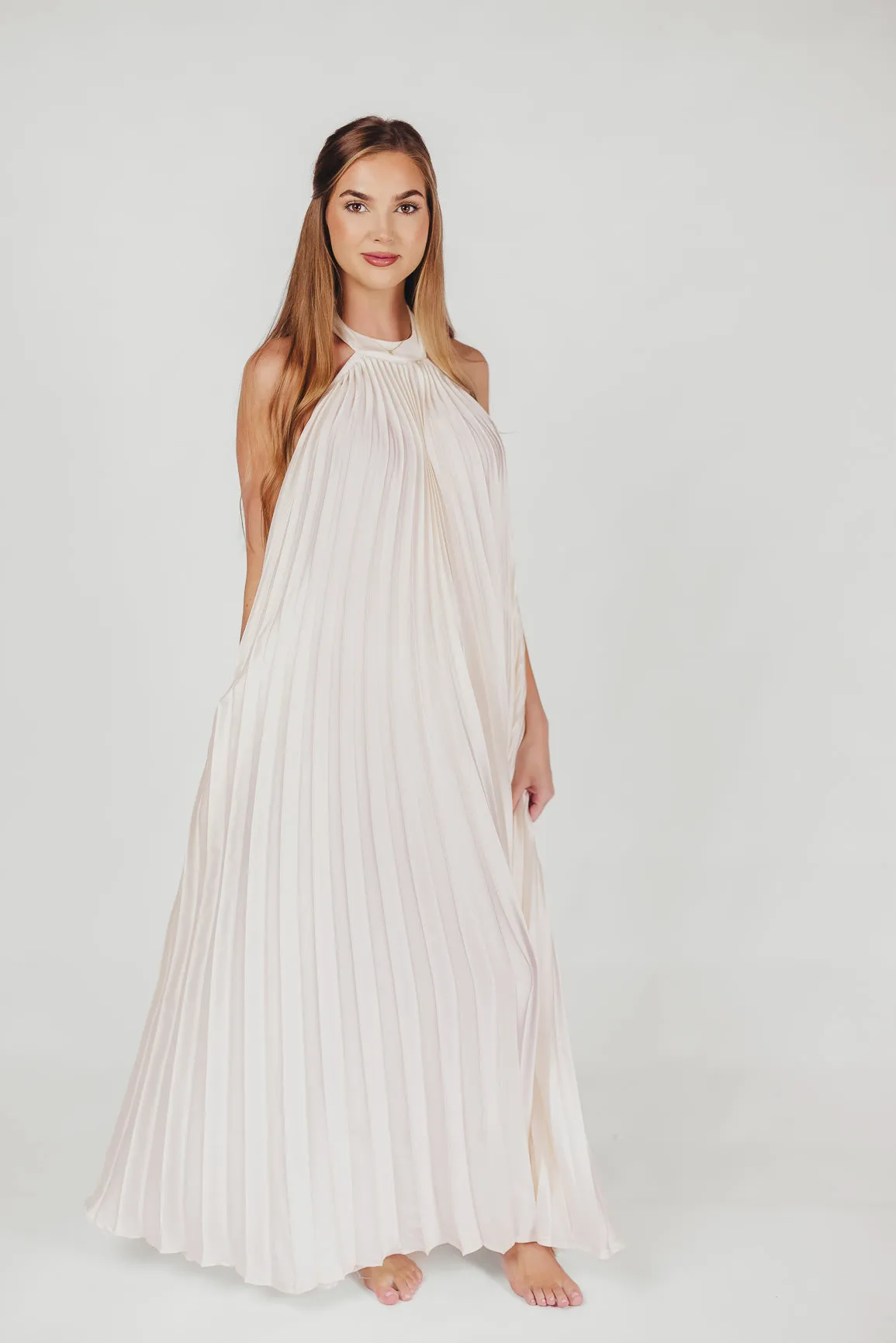 Maren Pleated Halter Maxi Dress in Cream - Bump Friendly