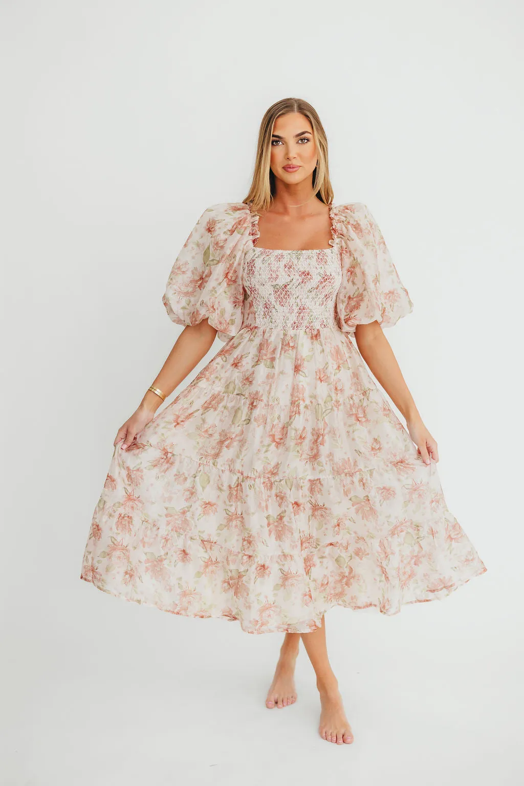McKenna Puffed Sleeve Tiered Midi Dress in Peach