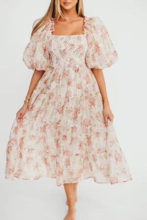 McKenna Puffed Sleeve Tiered Midi Dress in Peach