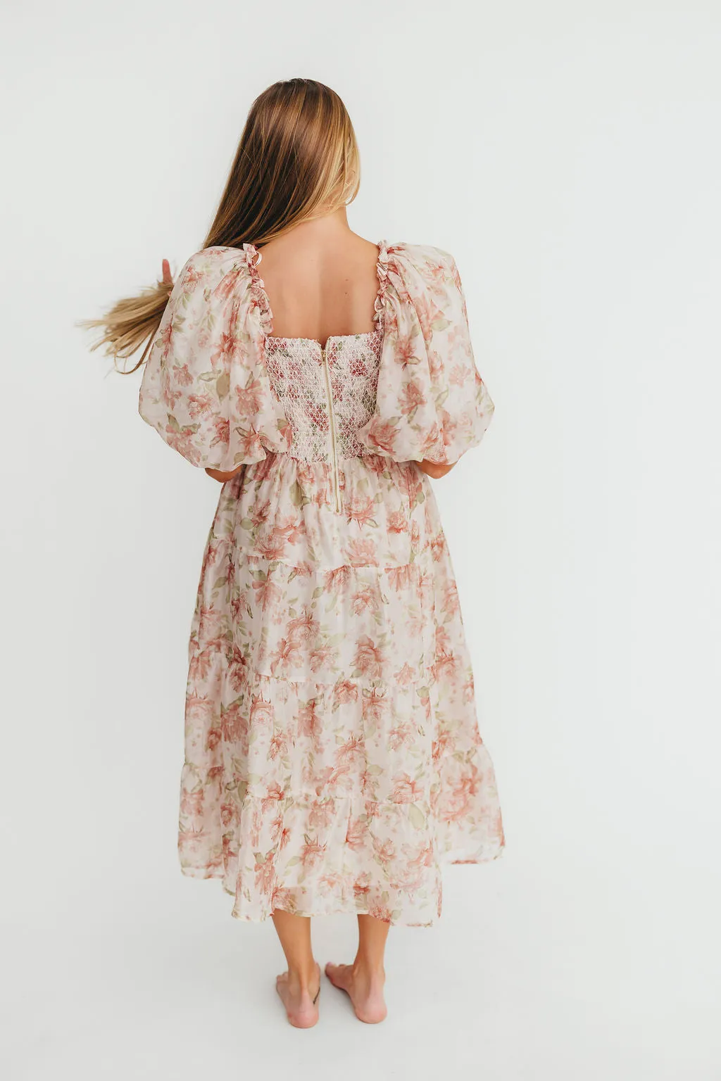 McKenna Puffed Sleeve Tiered Midi Dress in Peach