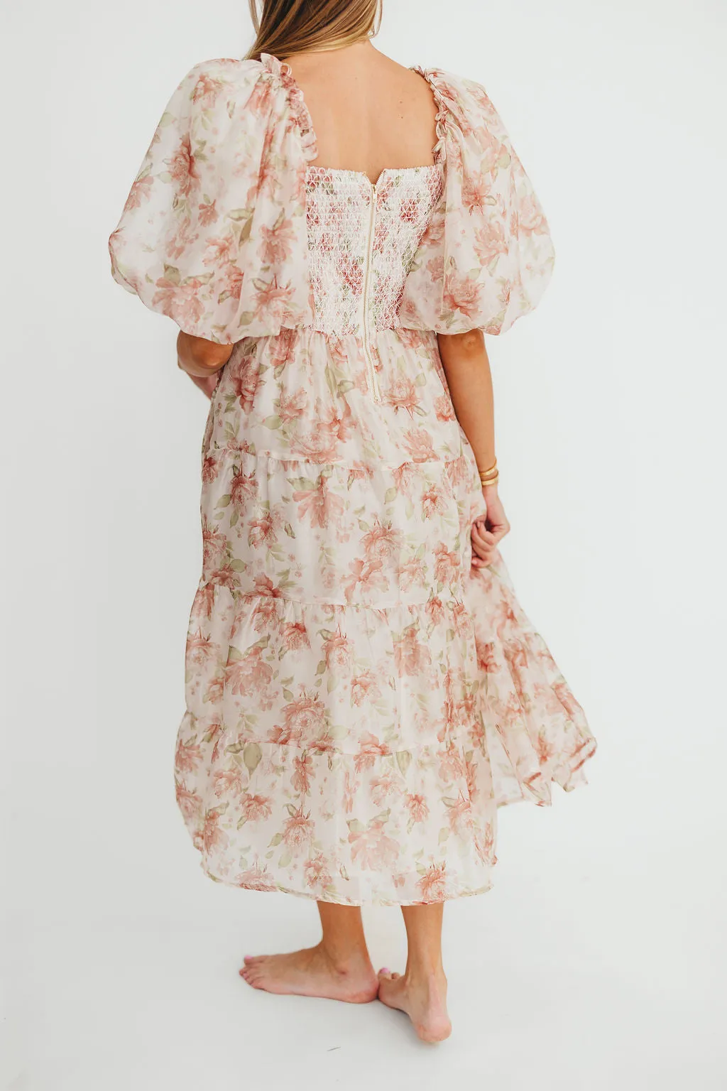 McKenna Puffed Sleeve Tiered Midi Dress in Peach
