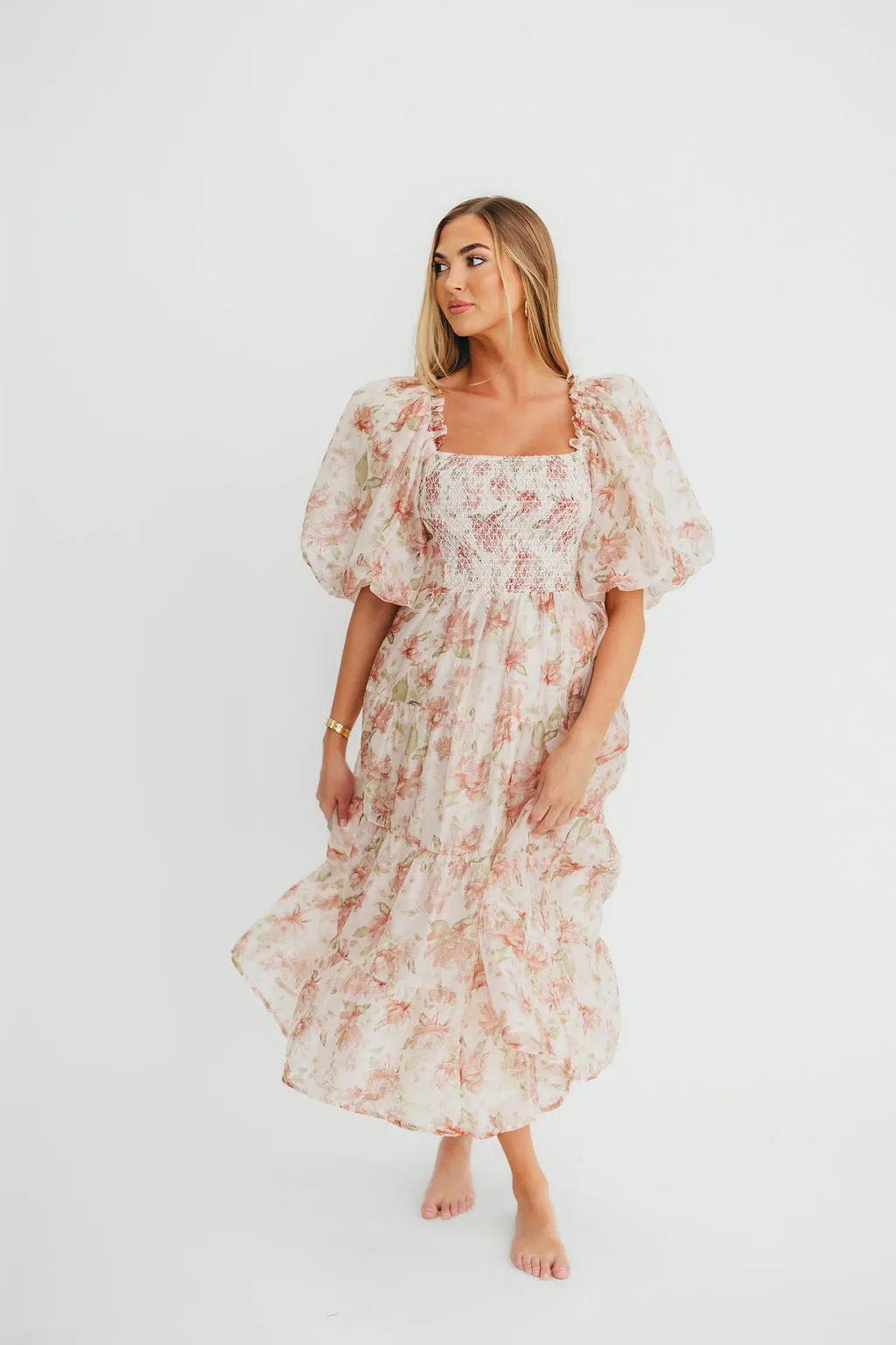 McKenna Puffed Sleeve Tiered Midi Dress in Peach