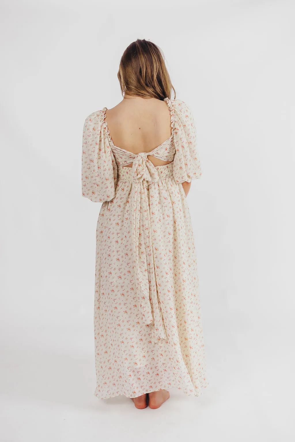 Melody Maxi Dress with Pleats and Bow Detail in Ivory Floral- Bump Friendly & Inclusive Sizing (S-3XL)