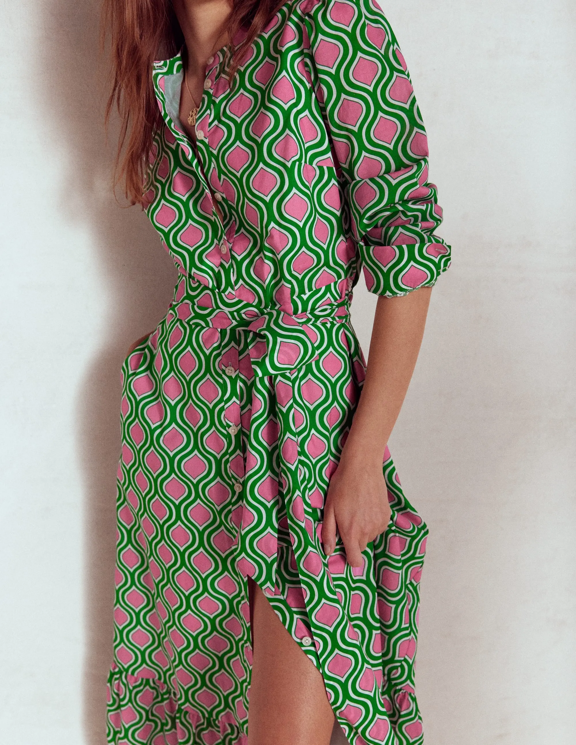 Mia Tiered Shirt Dress-Rich Emerald. Geo Trellis