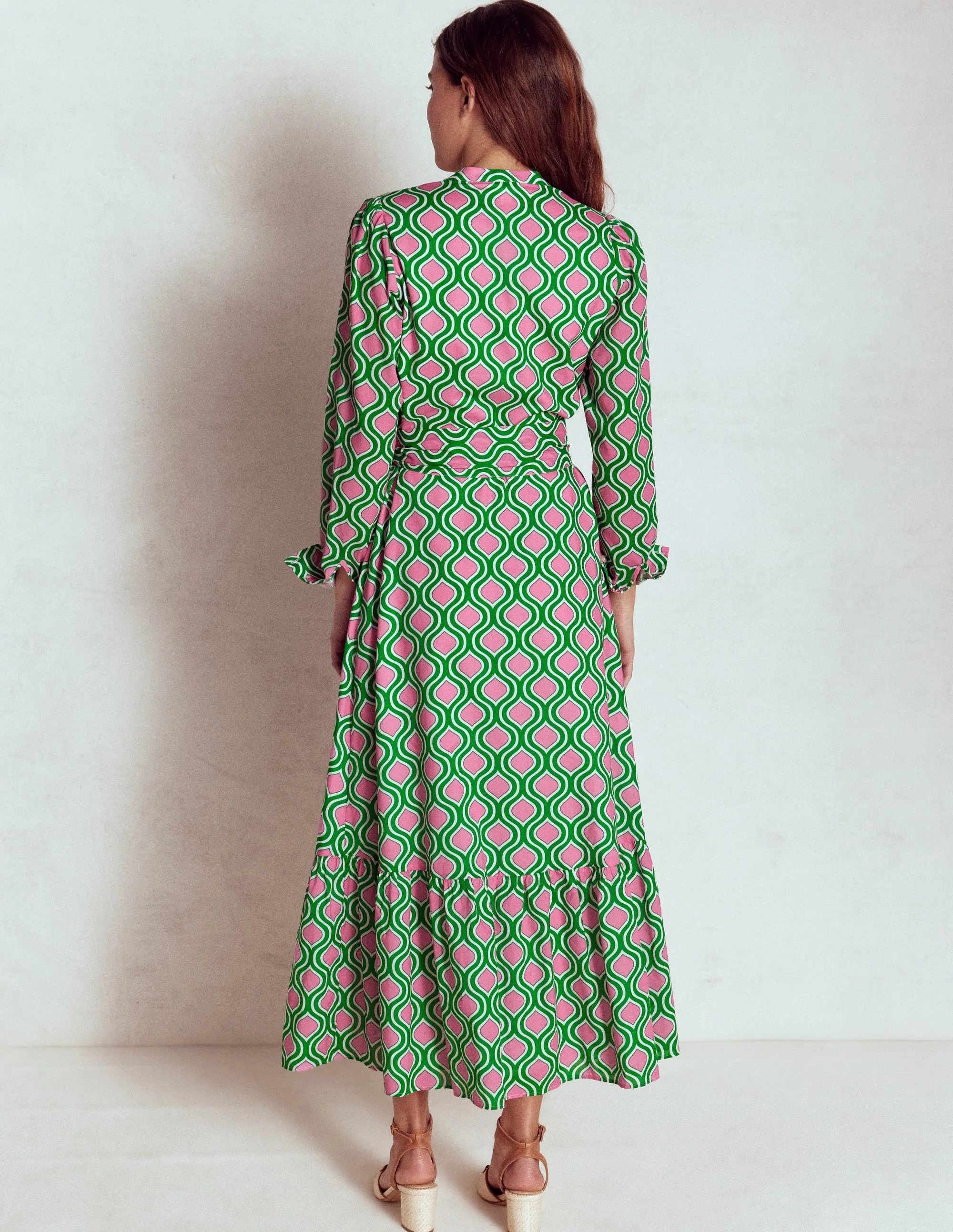 Mia Tiered Shirt Dress-Rich Emerald. Geo Trellis