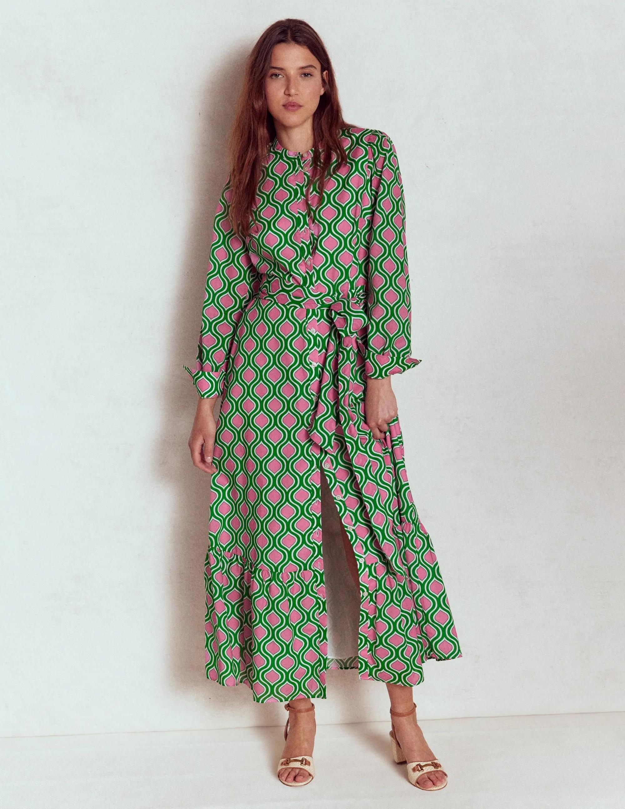 Mia Tiered Shirt Dress-Rich Emerald. Geo Trellis