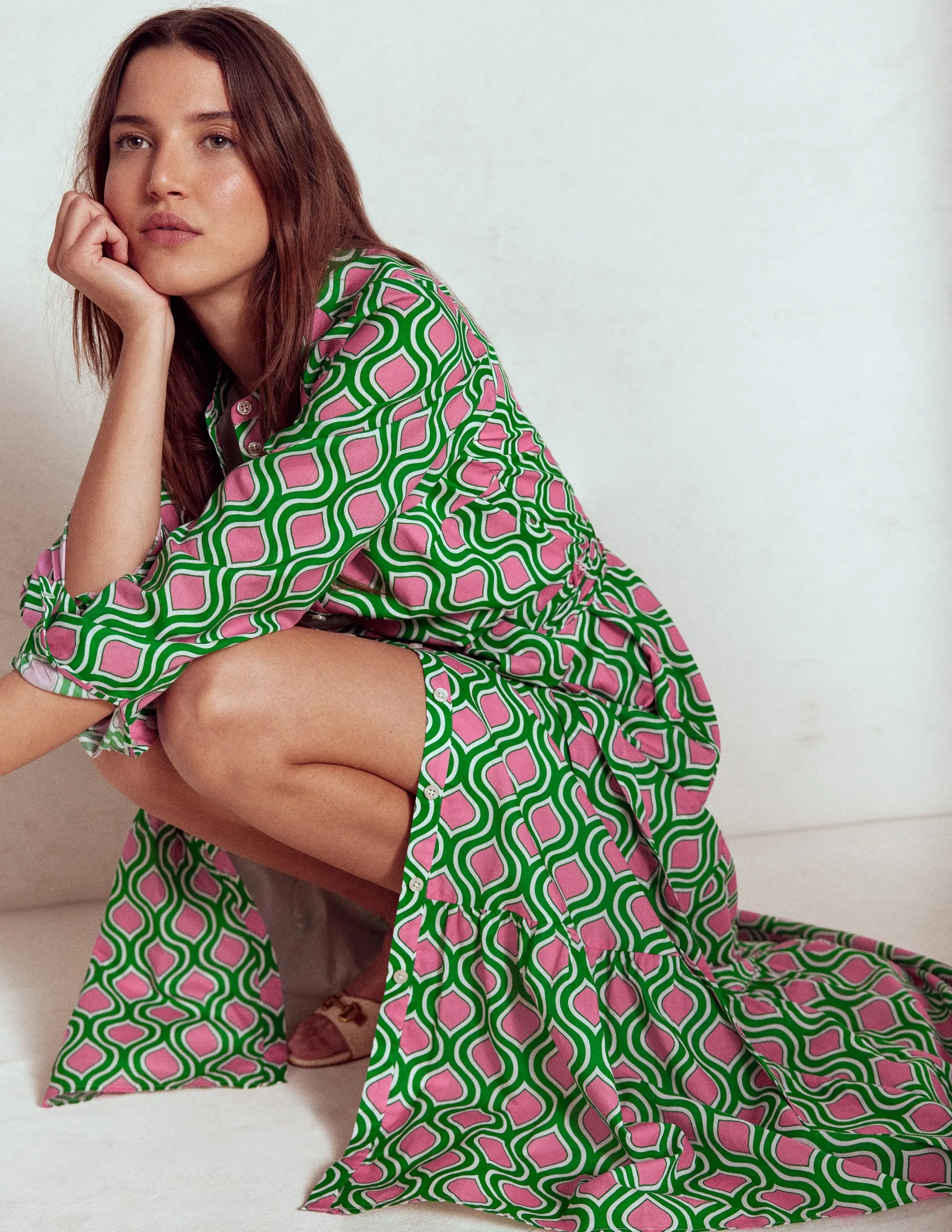 Mia Tiered Shirt Dress-Rich Emerald. Geo Trellis