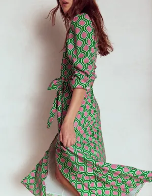 Mia Tiered Shirt Dress-Rich Emerald. Geo Trellis