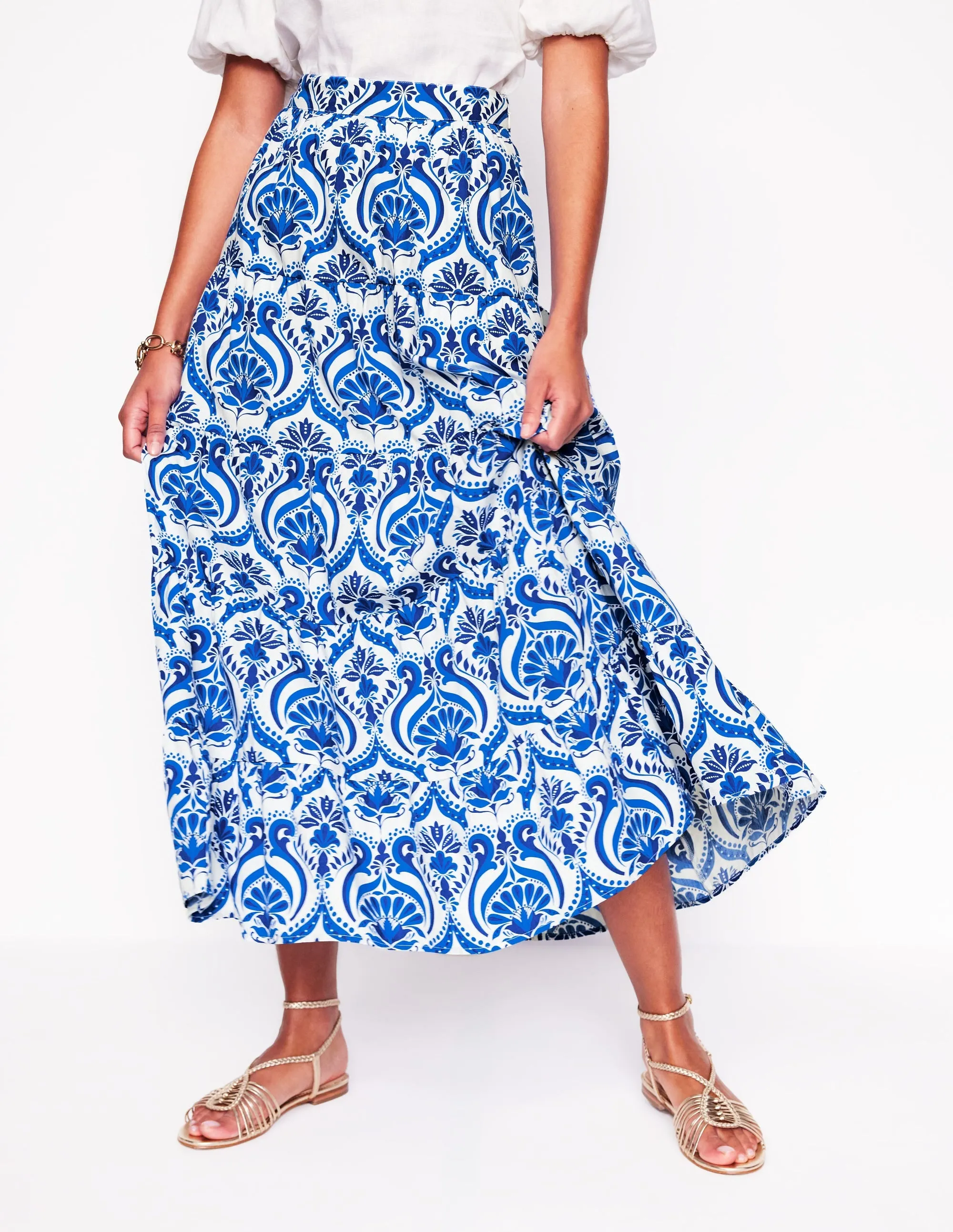 Nadia Poplin Maxi Skirt-Blue. Ornamental Floral
