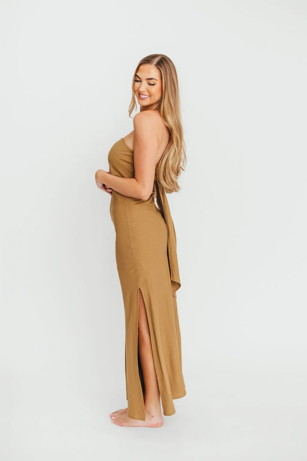 Naidelyn Strapless Maxi Dress in Golden Palm