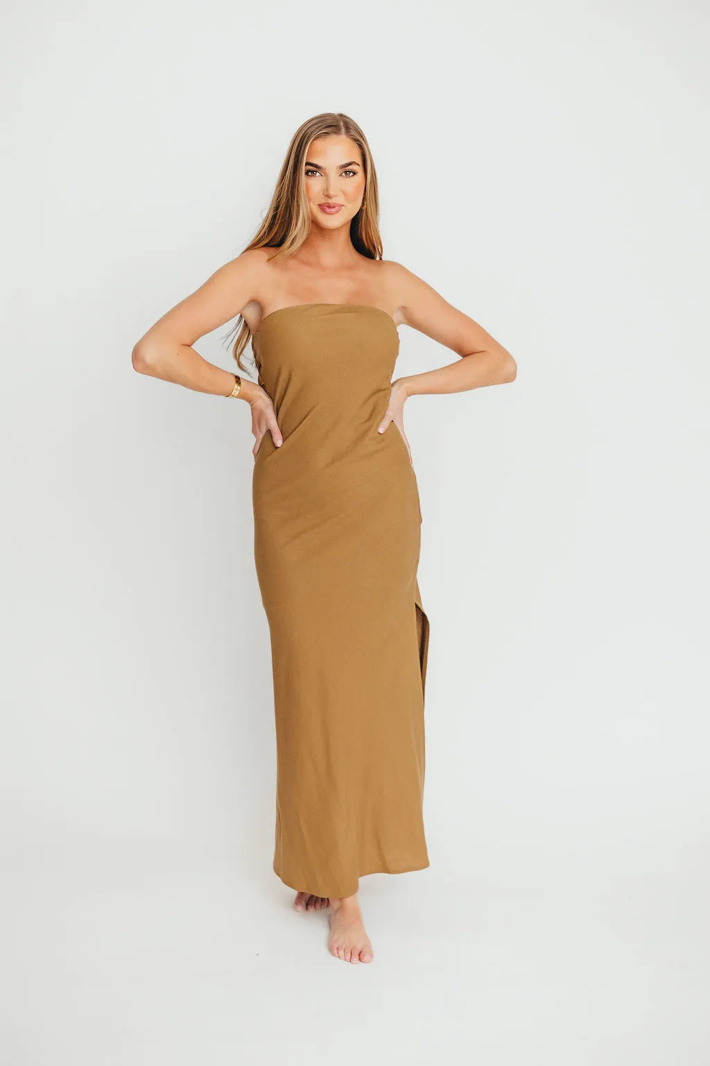 Naidelyn Strapless Maxi Dress in Golden Palm