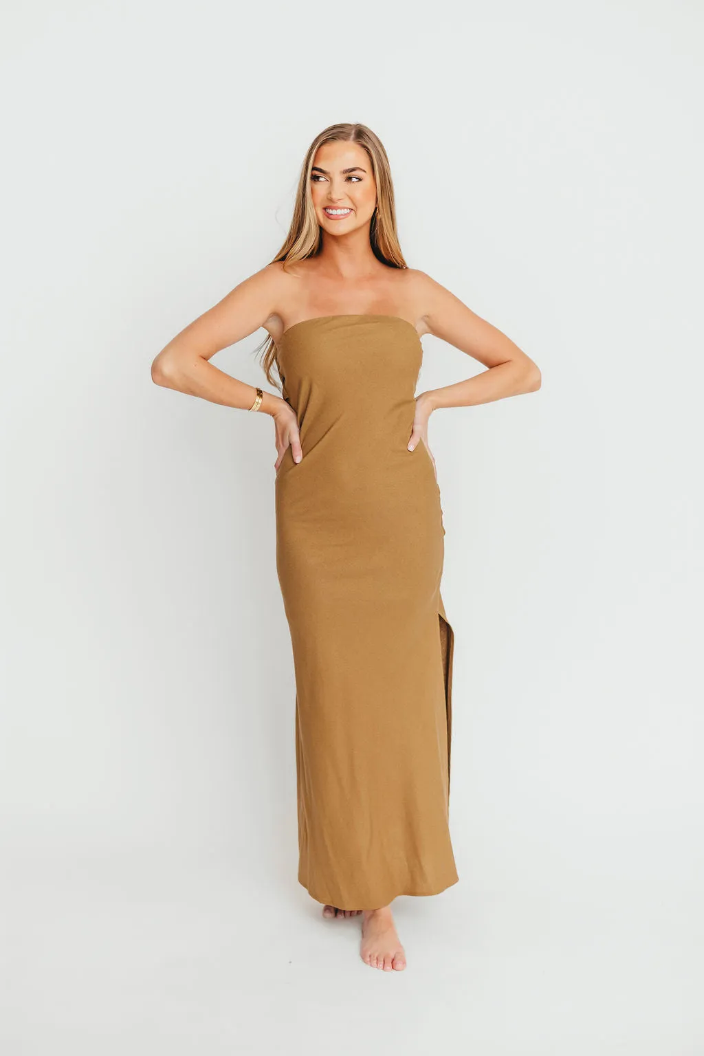 Naidelyn Strapless Maxi Dress in Golden Palm