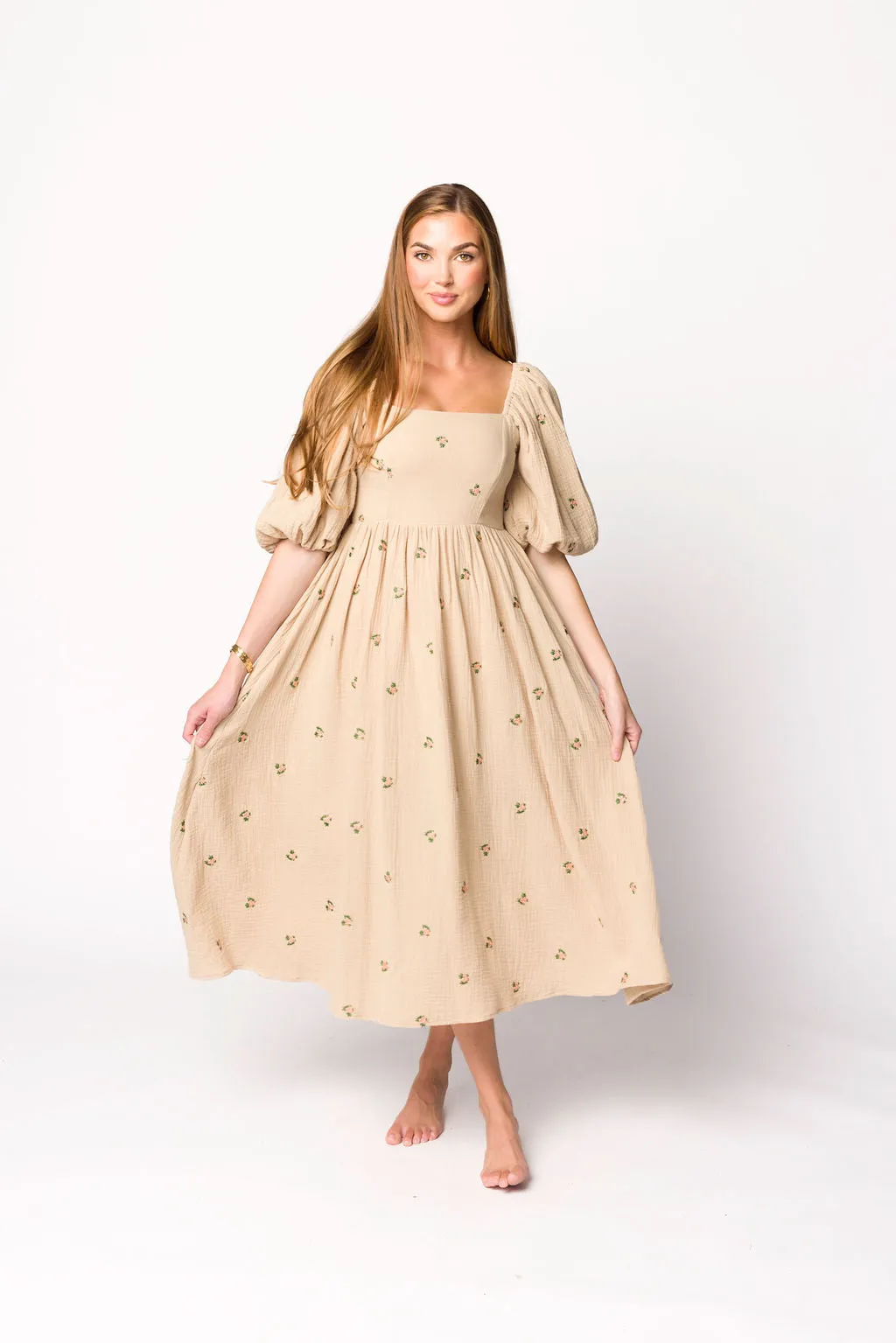 Natalie Embroidered Floral Midi Dress in Taupe