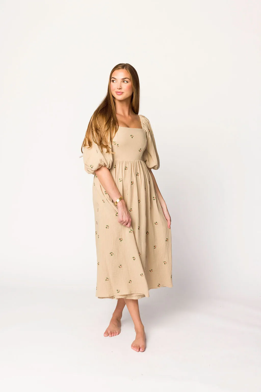 Natalie Embroidered Floral Midi Dress in Taupe