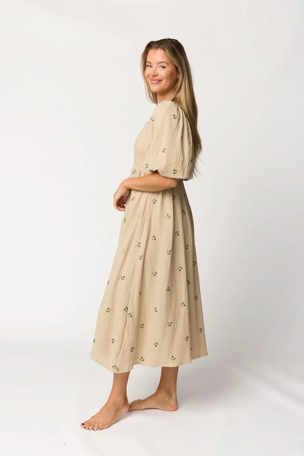 Natalie Embroidered Floral Midi Dress in Taupe