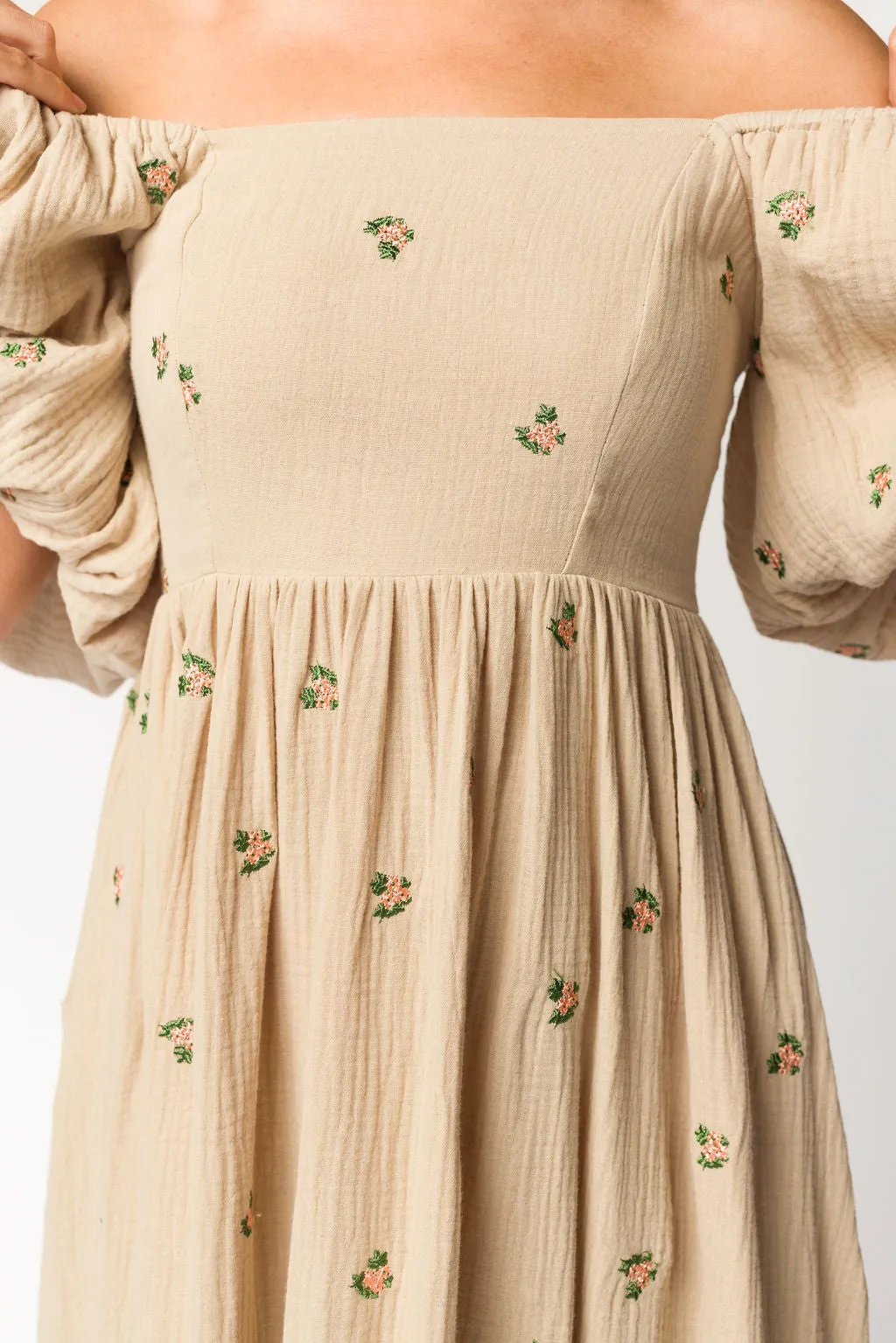Natalie Embroidered Floral Midi Dress in Taupe