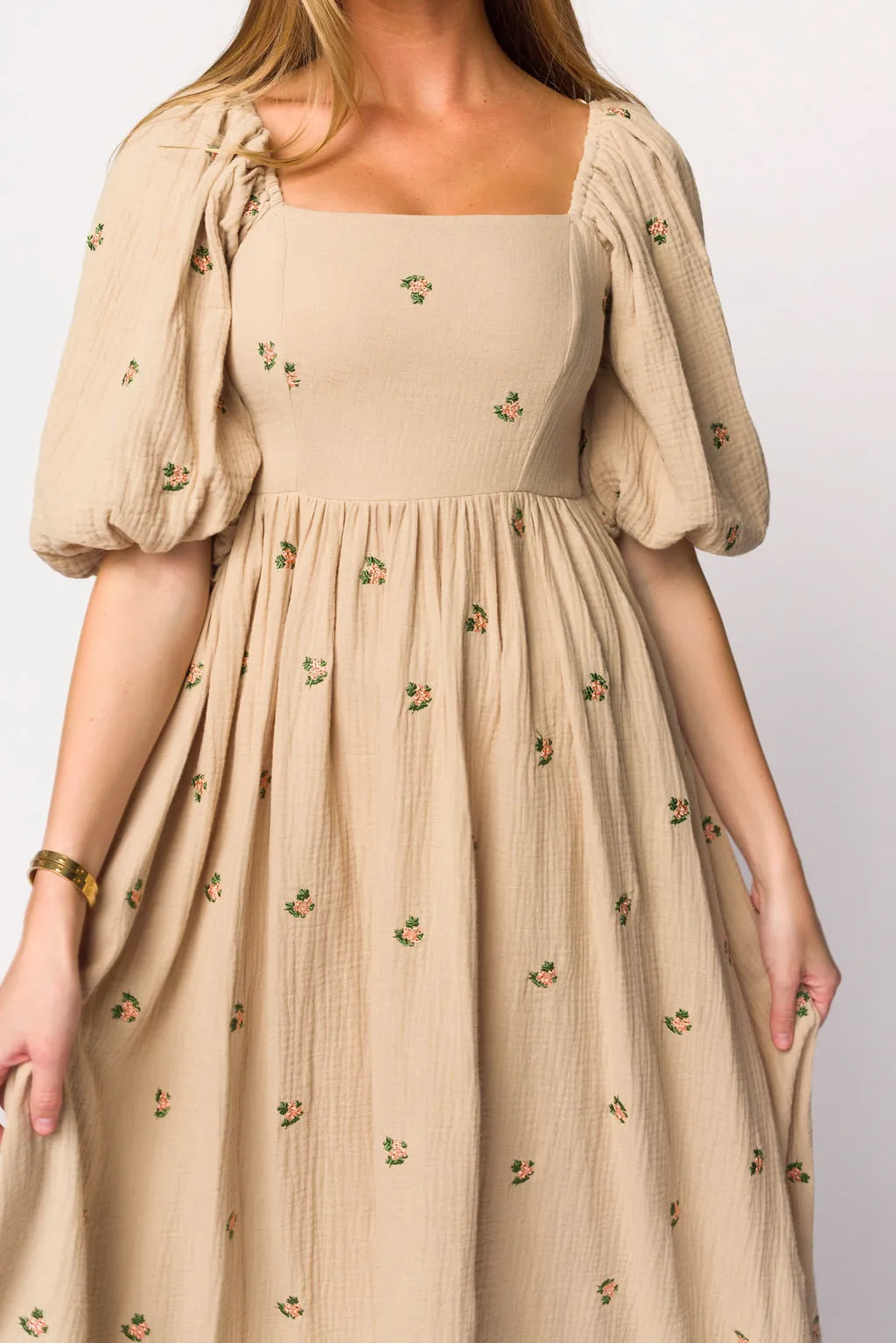 Natalie Embroidered Floral Midi Dress in Taupe