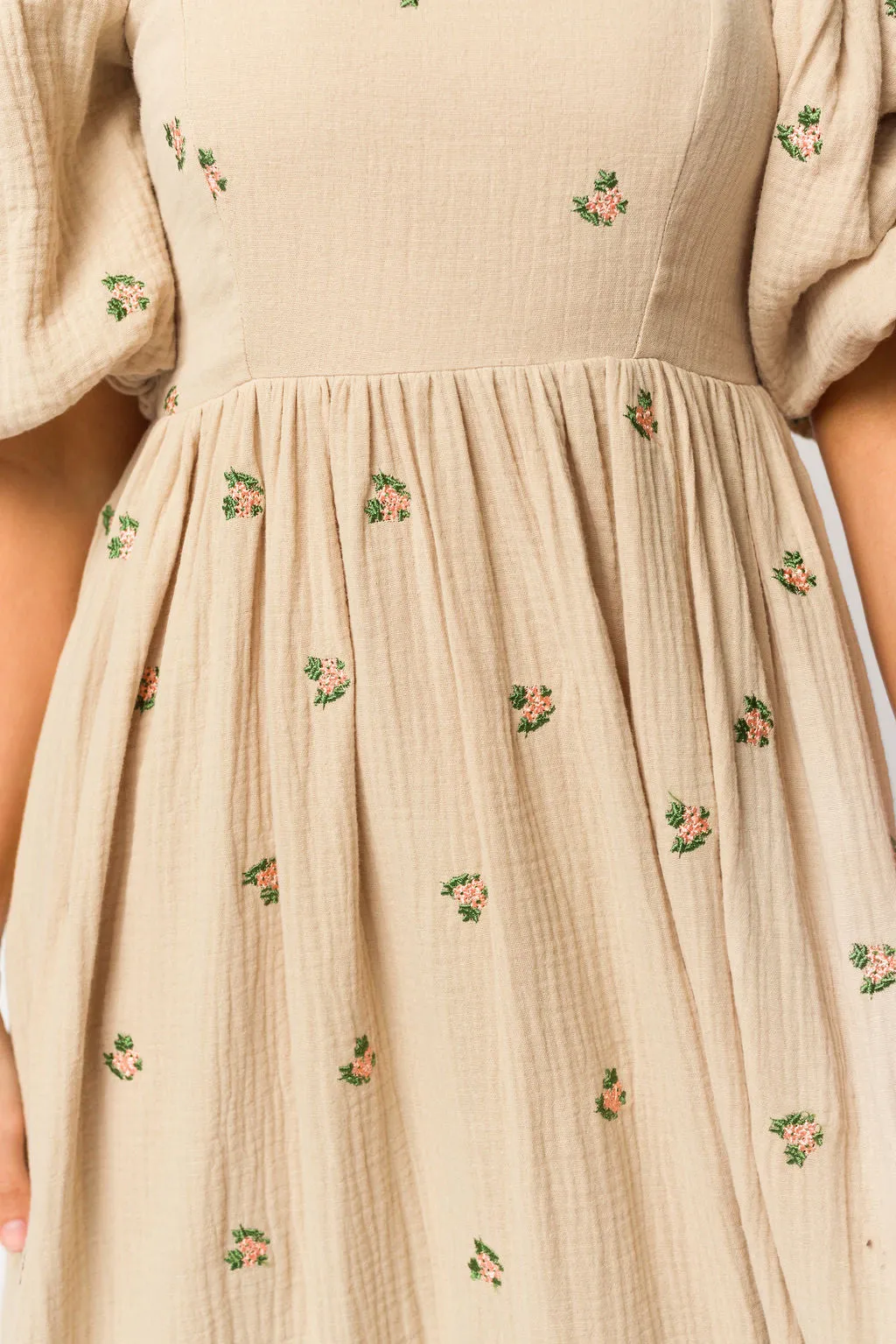Natalie Embroidered Floral Midi Dress in Taupe