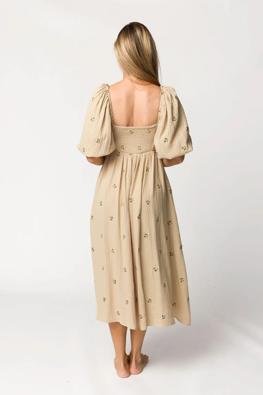Natalie Embroidered Floral Midi Dress in Taupe