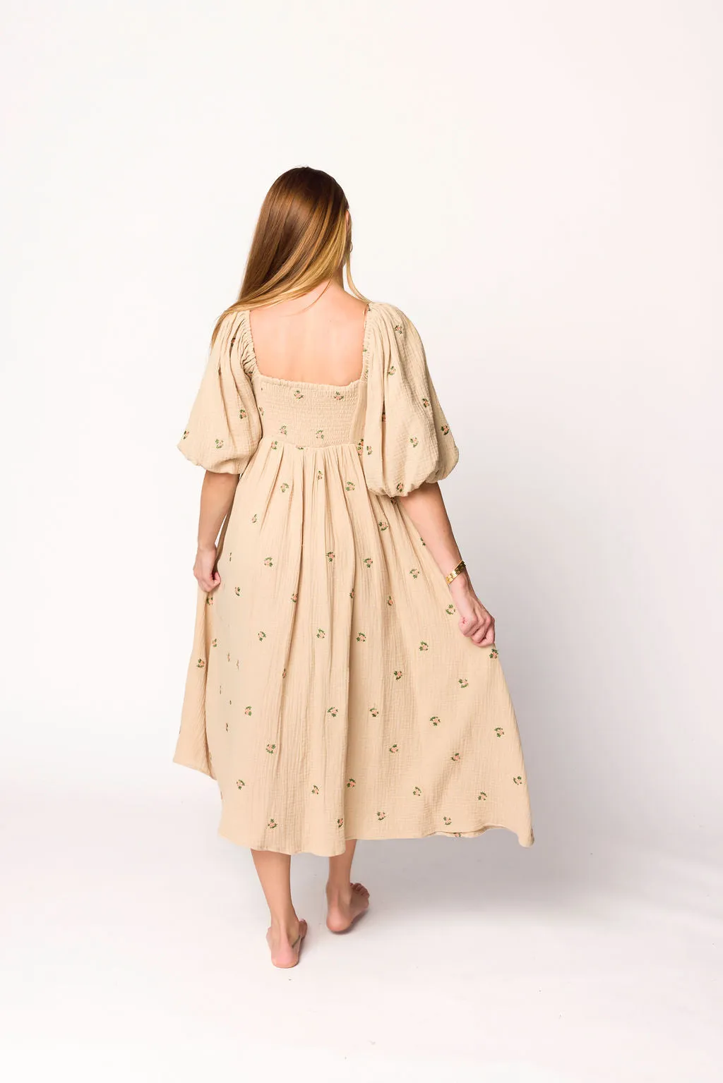 Natalie Embroidered Floral Midi Dress in Taupe