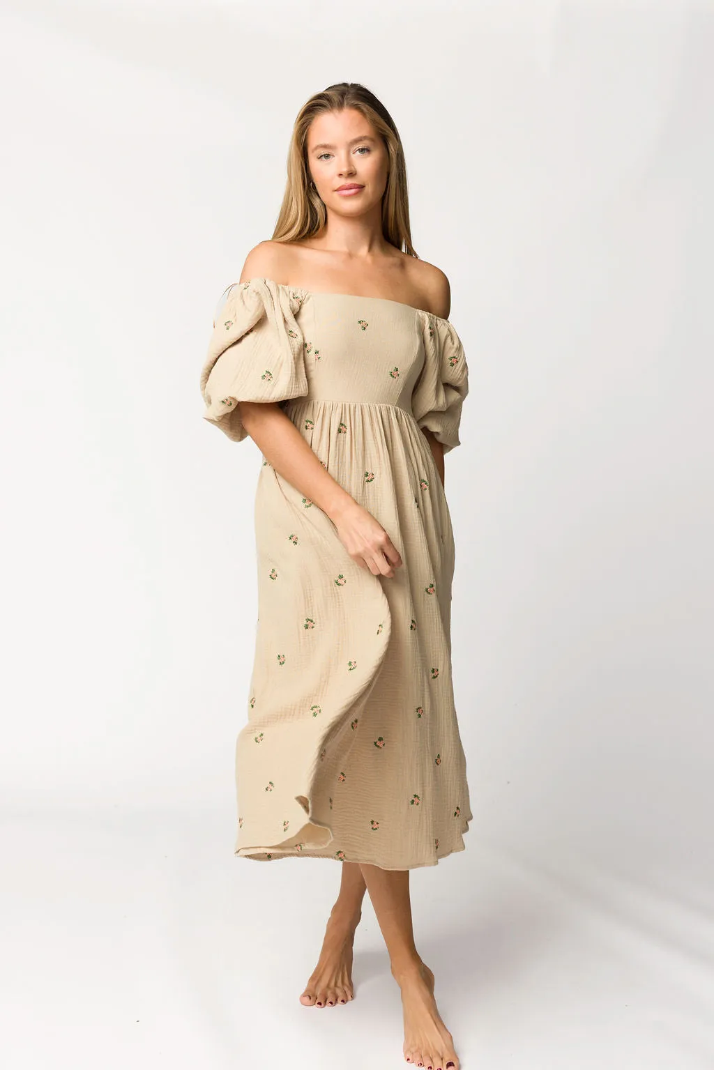 Natalie Embroidered Floral Midi Dress in Taupe