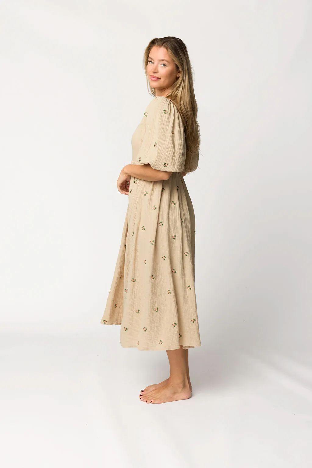 Natalie Embroidered Floral Midi Dress in Taupe