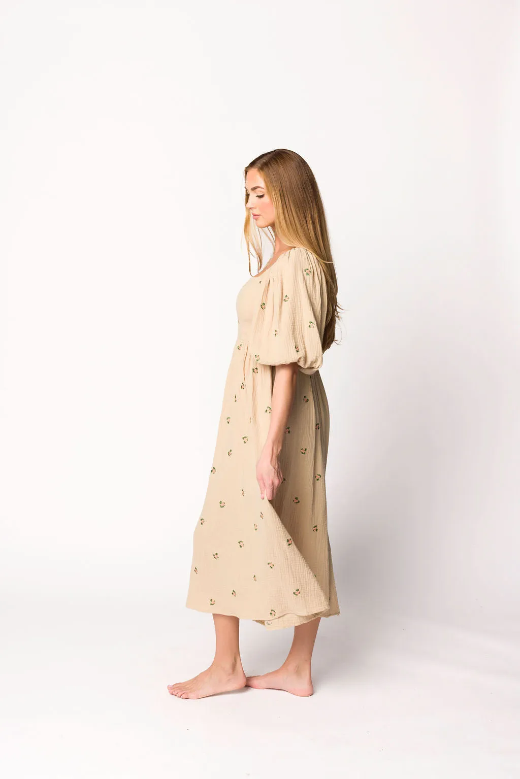 Natalie Embroidered Floral Midi Dress in Taupe