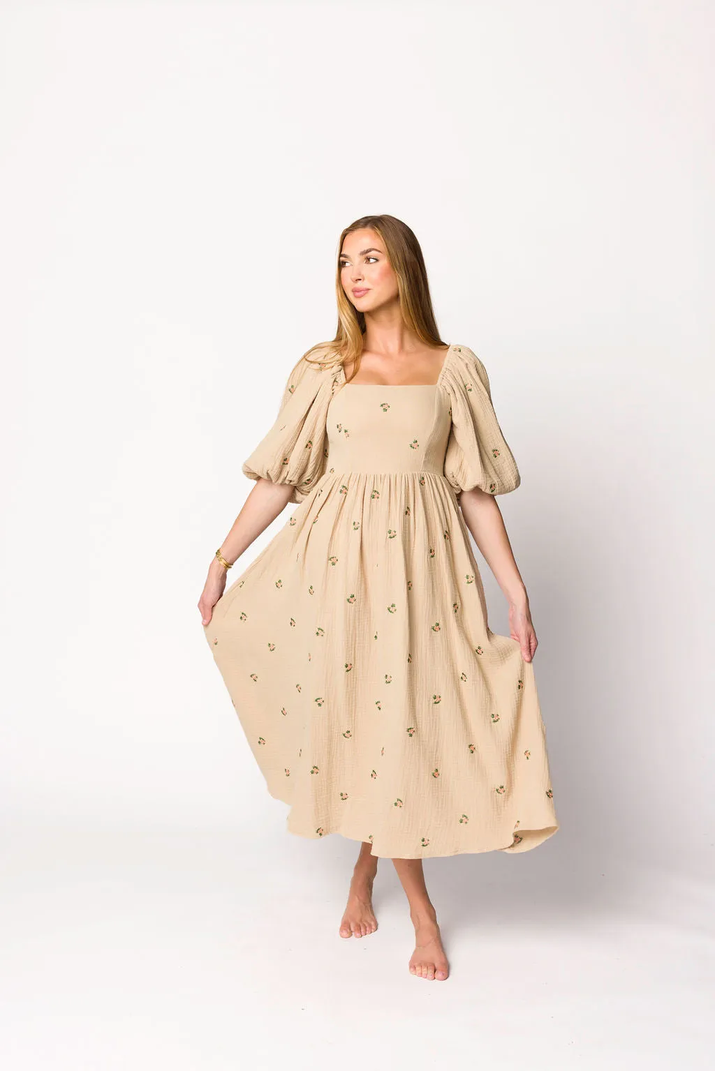 Natalie Embroidered Floral Midi Dress in Taupe