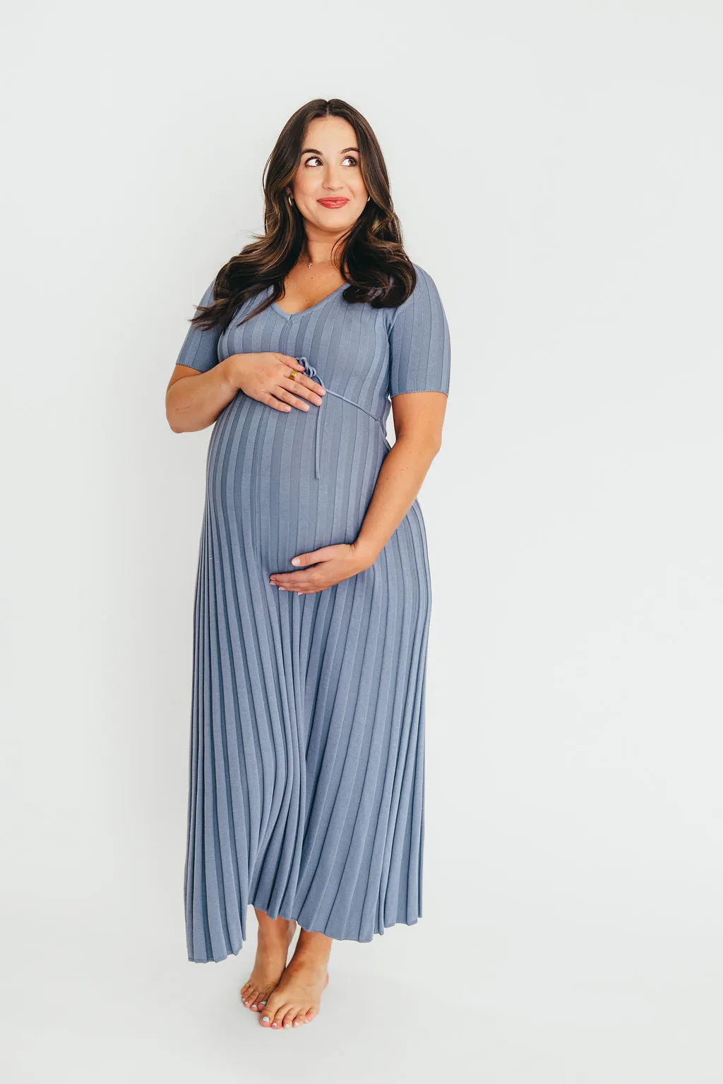 Oakley Ribbed Maxi Dress in Dusty Blue - Bump Friendly