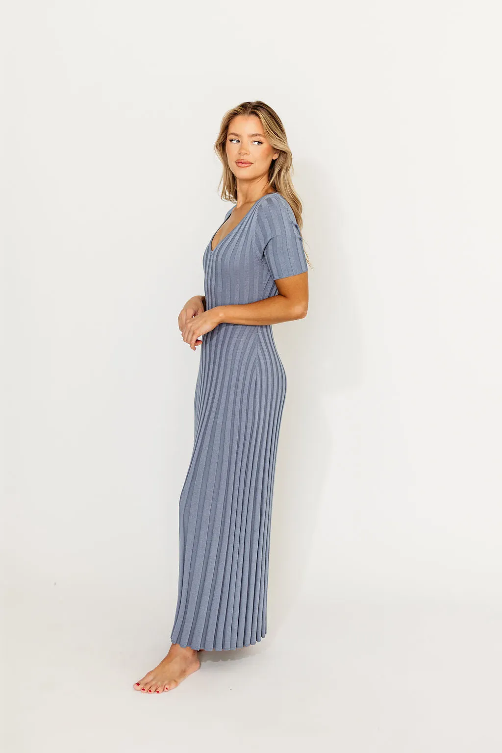 Oakley Ribbed Maxi Dress in Dusty Blue - Bump Friendly