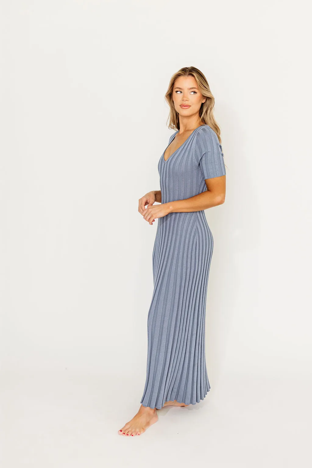 Oakley Ribbed Maxi Dress in Dusty Blue - Bump Friendly
