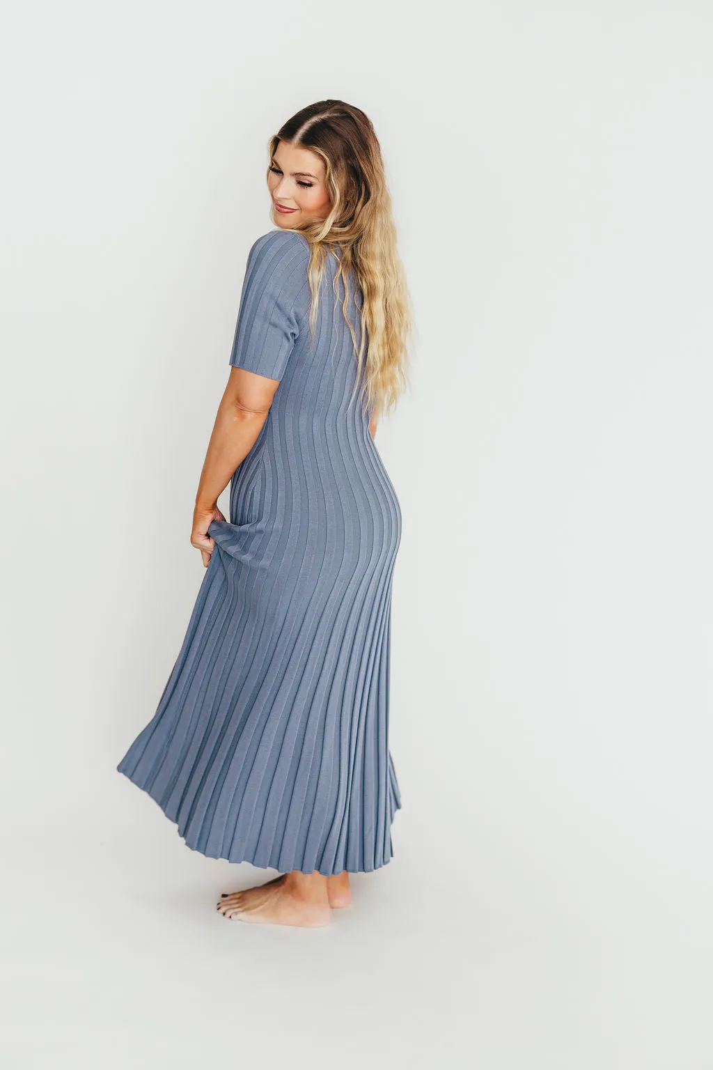 Oakley Ribbed Maxi Dress in Dusty Blue - Bump Friendly