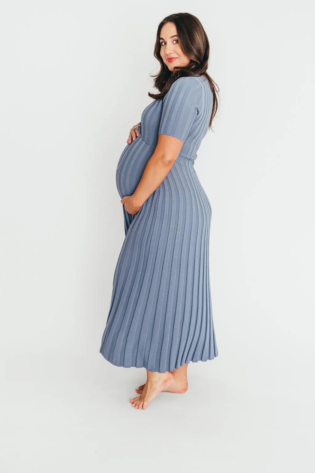 Oakley Ribbed Maxi Dress in Dusty Blue - Bump Friendly
