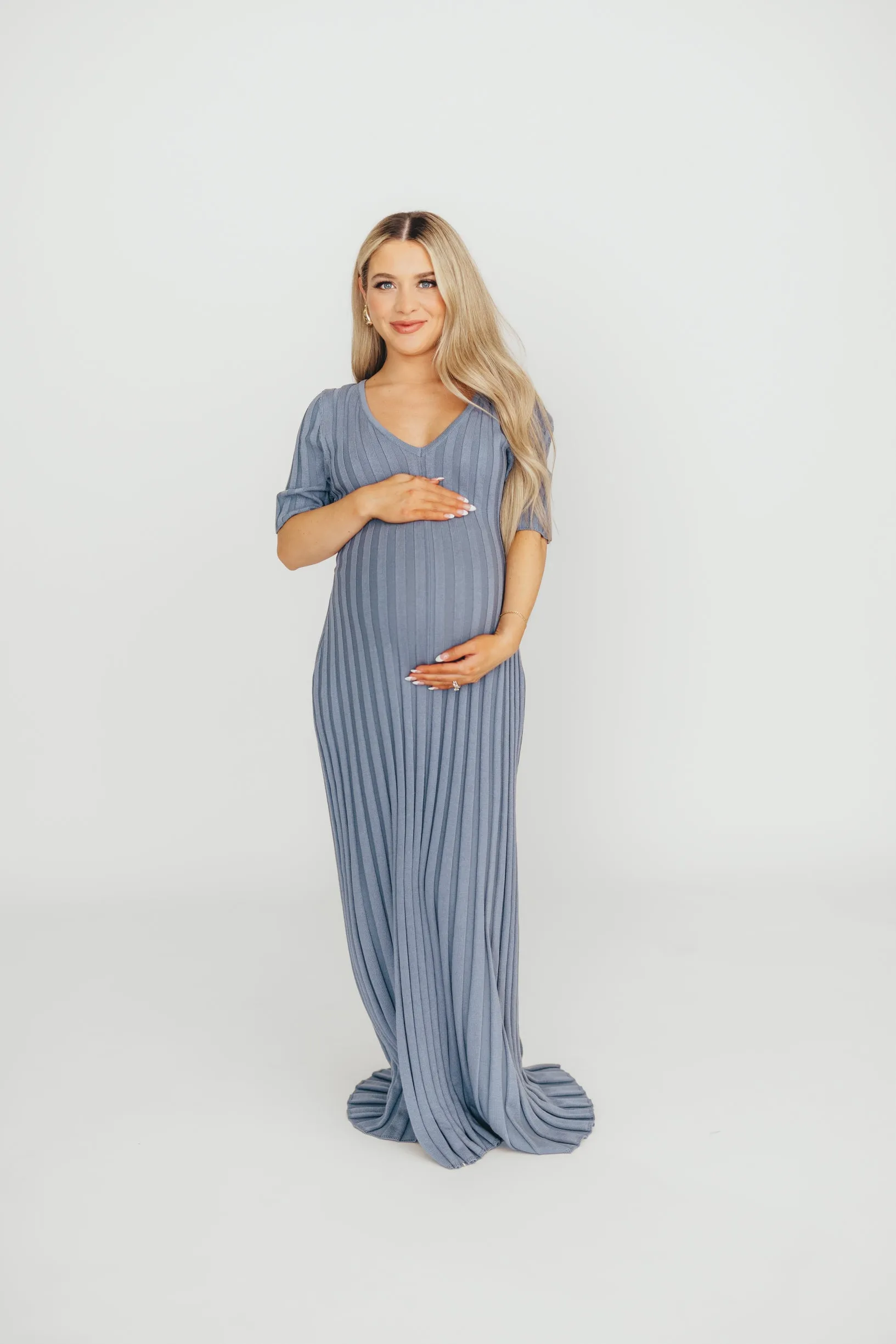 Oakley Ribbed Maxi Dress in Dusty Blue - Bump Friendly