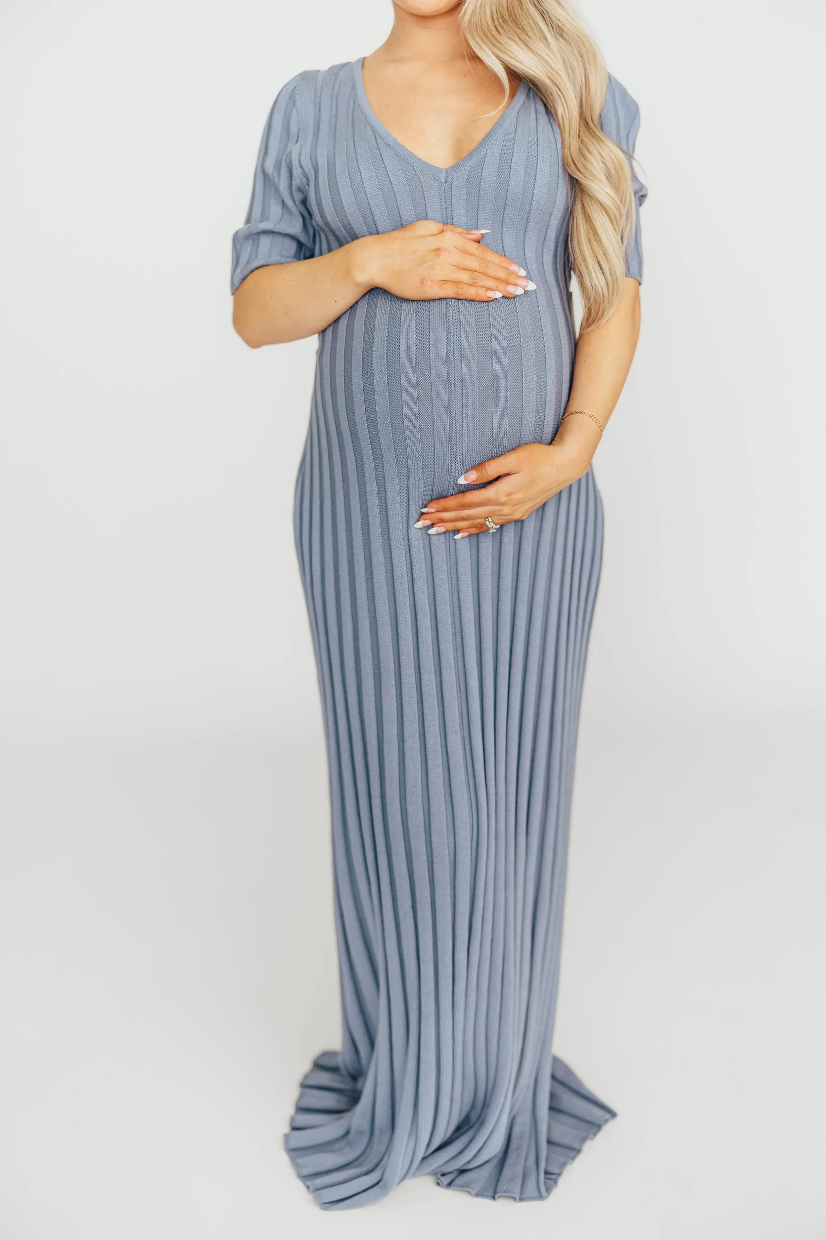 Oakley Ribbed Maxi Dress in Dusty Blue - Bump Friendly