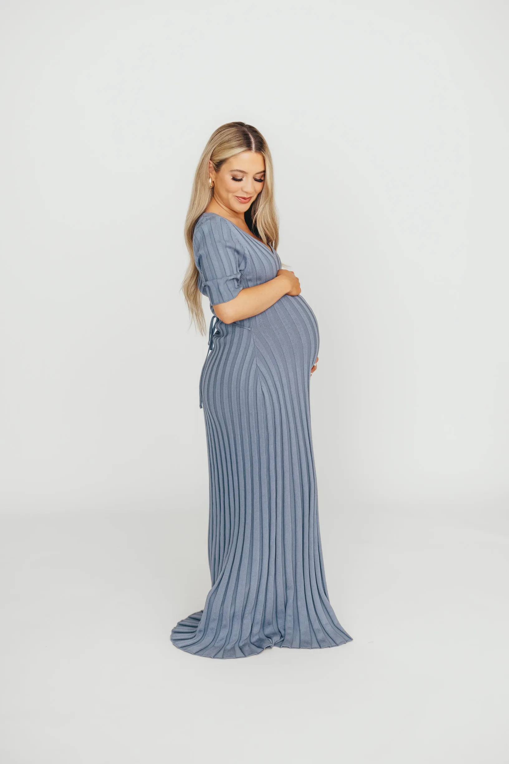 Oakley Ribbed Maxi Dress in Dusty Blue - Bump Friendly