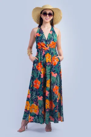 Orange Green Tropical Maxi Dress