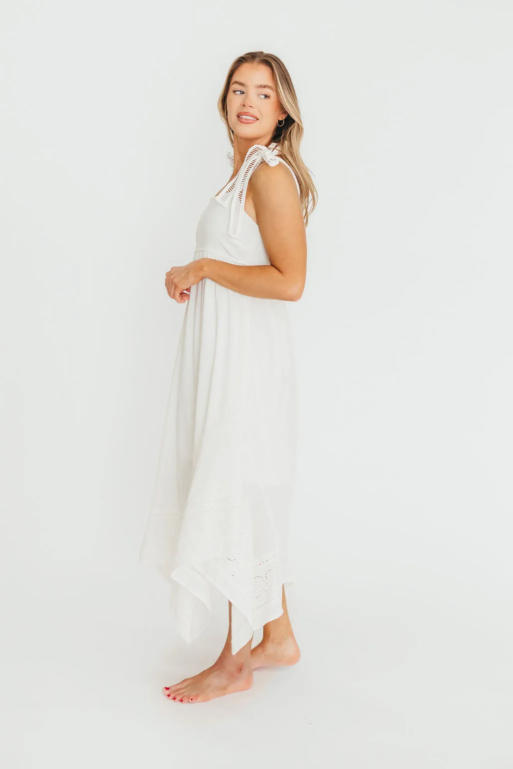 Palmer Asymmetrical Hem Midi Dress in White