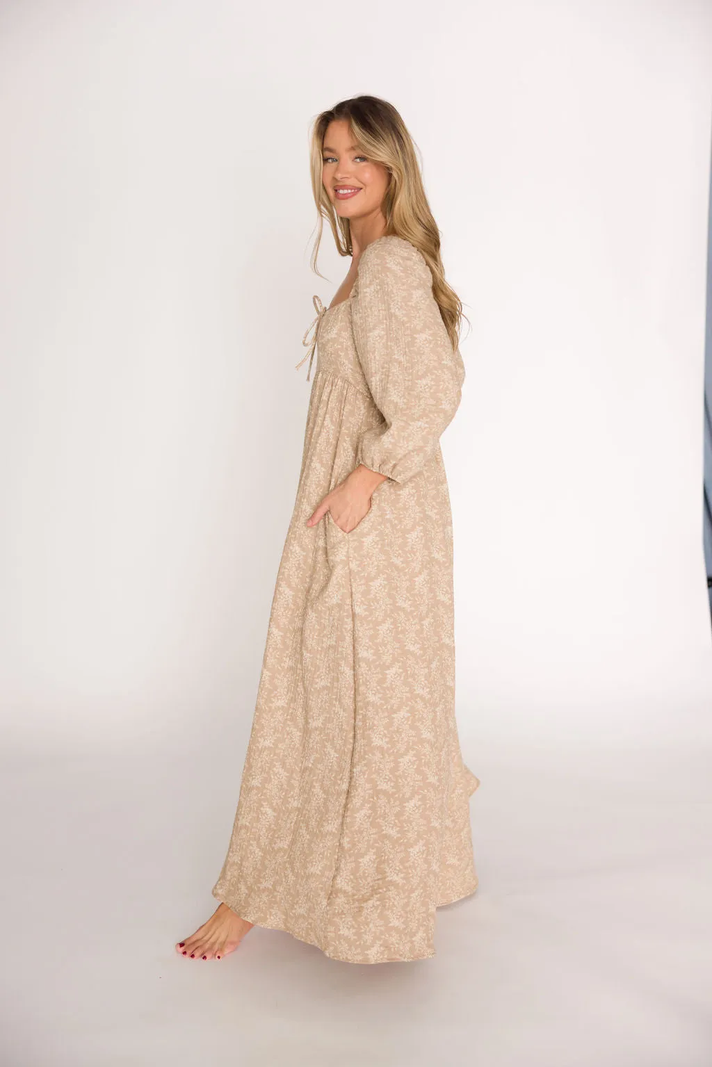 Peyton 100% Cotton Maxi Dress in Mocha Floral - Bump Friendly (XS-XL)