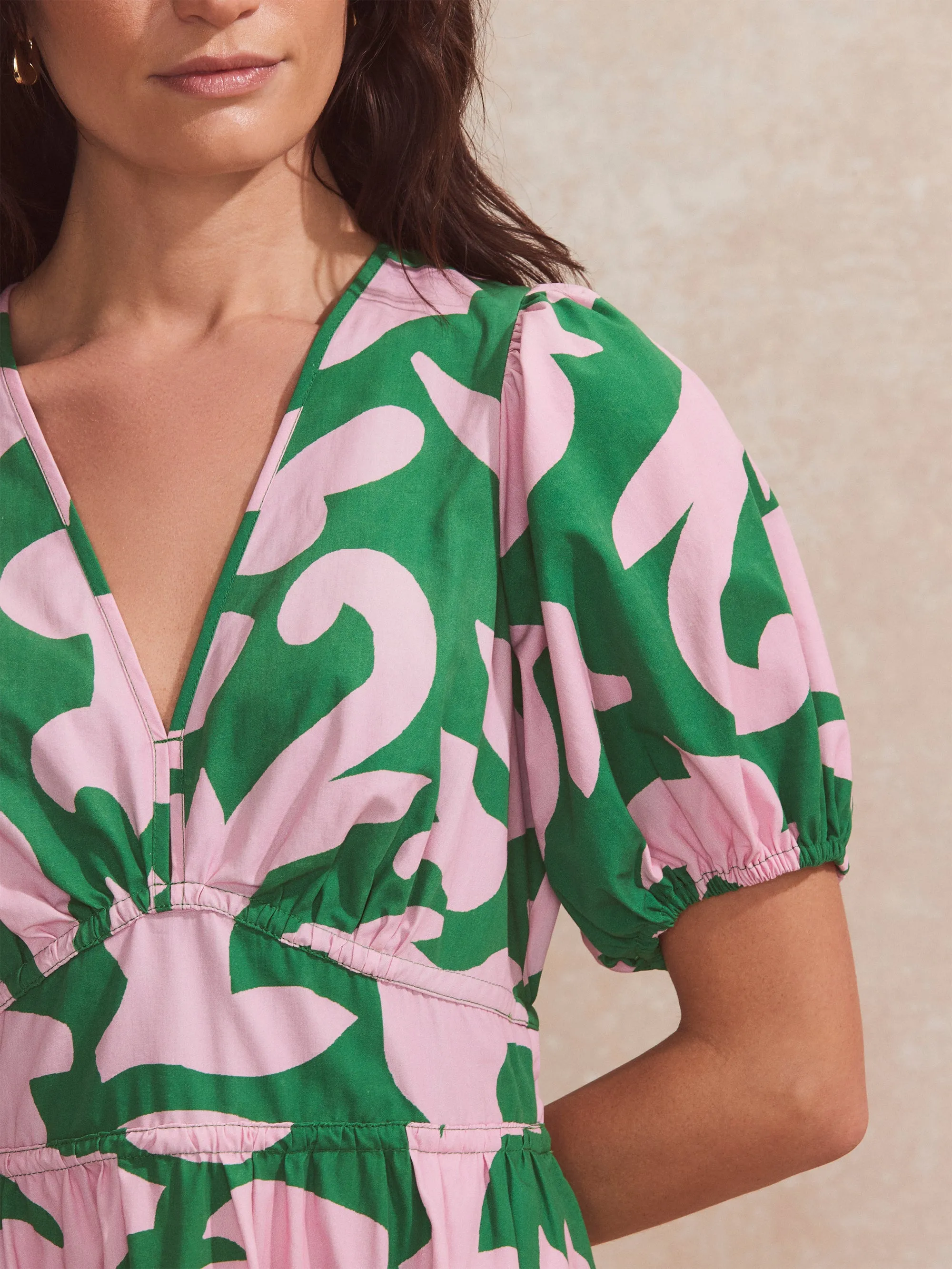 Pink and Green Abstract-Print Puff-Sleeve Mini Dress