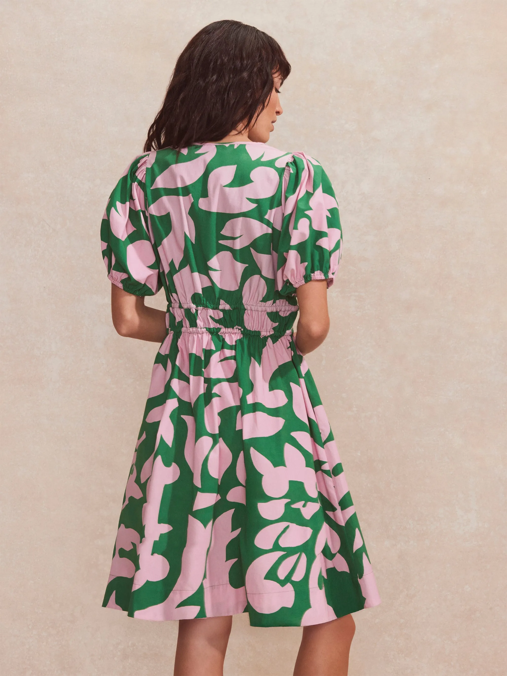 Pink and Green Abstract-Print Puff-Sleeve Mini Dress