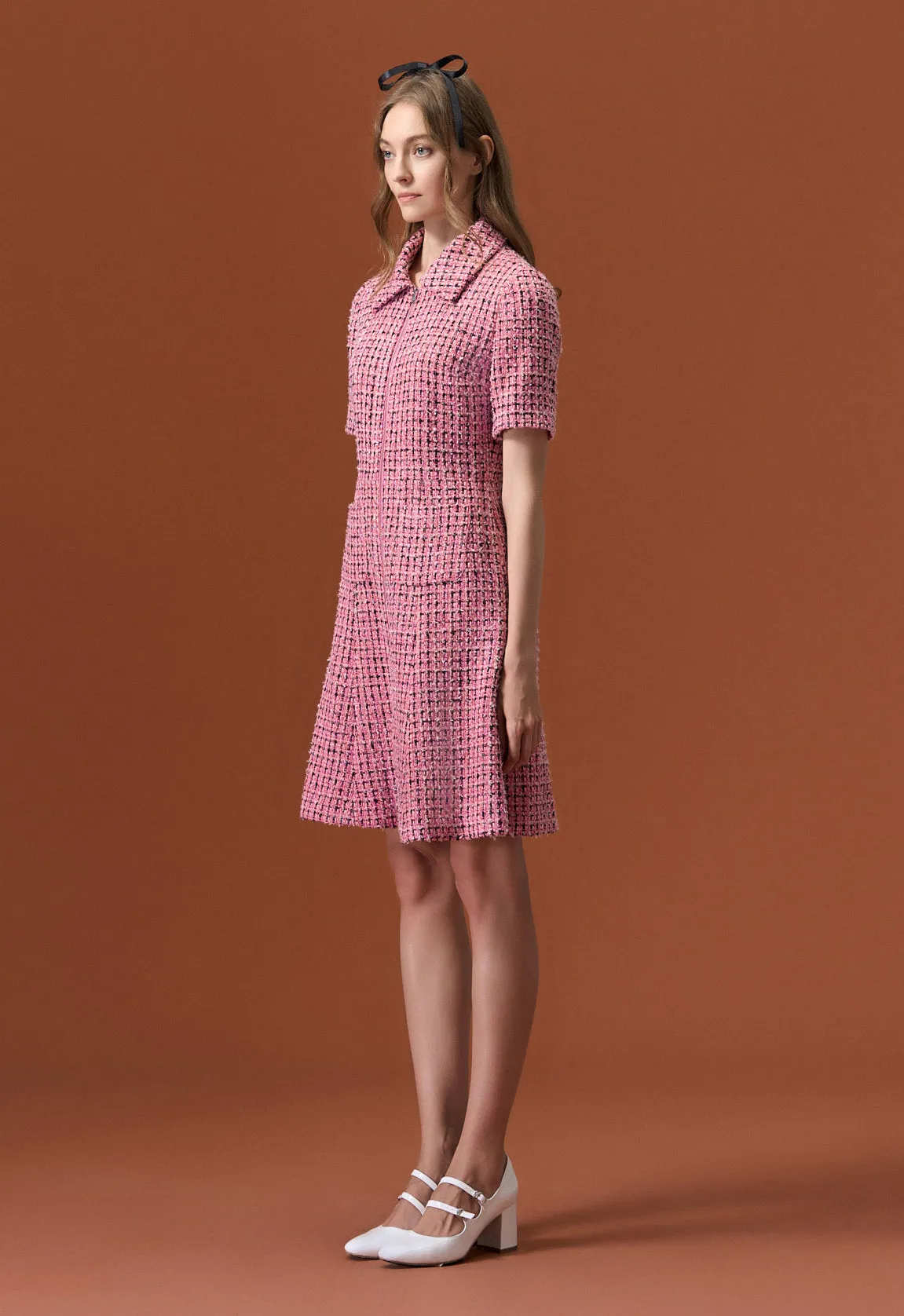 Pink Tweed Lapel Dress