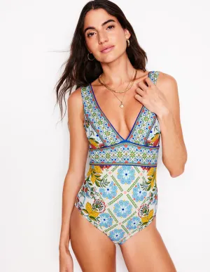 Porto V-Neck Swimsuit-Multi. Citrus Vine Tile