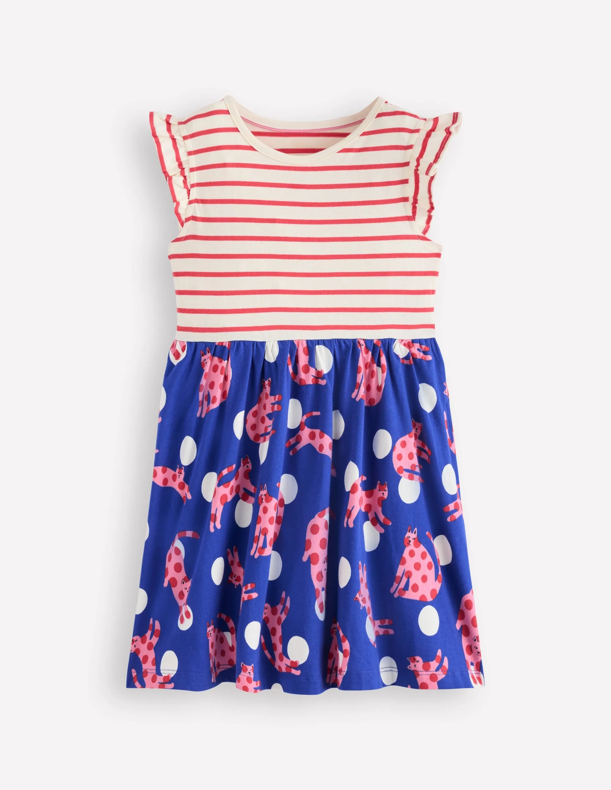 Posie Frill Sleeve Dress-Bright Blue Spotty Cats