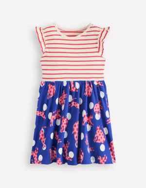 Posie Frill Sleeve Dress-Bright Blue Spotty Cats