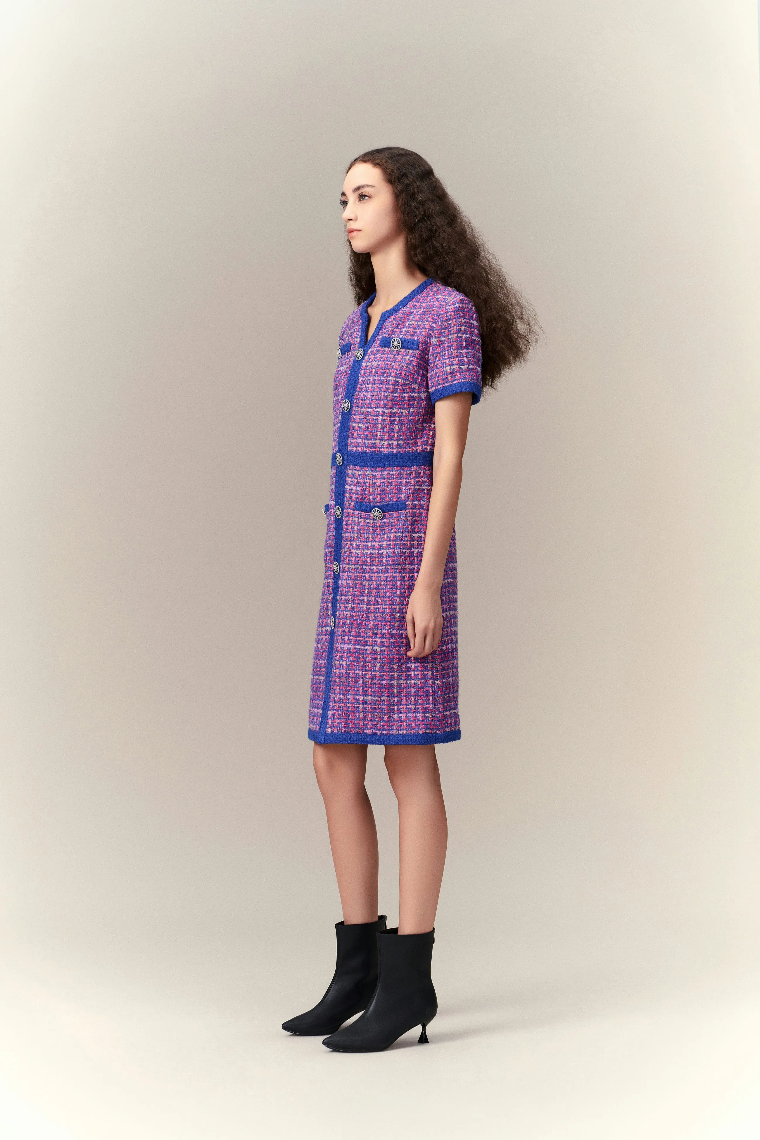 Primary Color Illusion Chunky Woven Tweed Dress